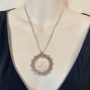 Antique 1921 Silver Morgan Dollar Coin Pendant w/ 18in 925 Silver Chain Necklace